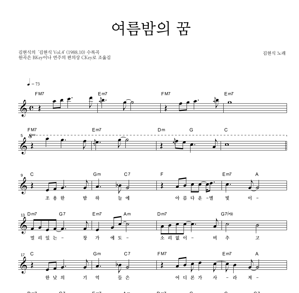 김현식 - 여름밤의 꿈 멜로디 악보 