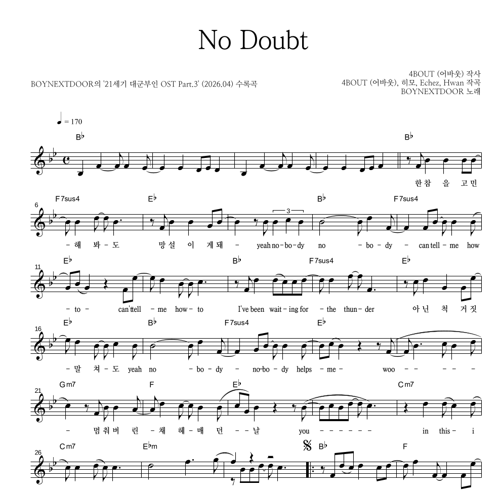 BOYNEXTDOOR - No Doubt 멜로디 악보 