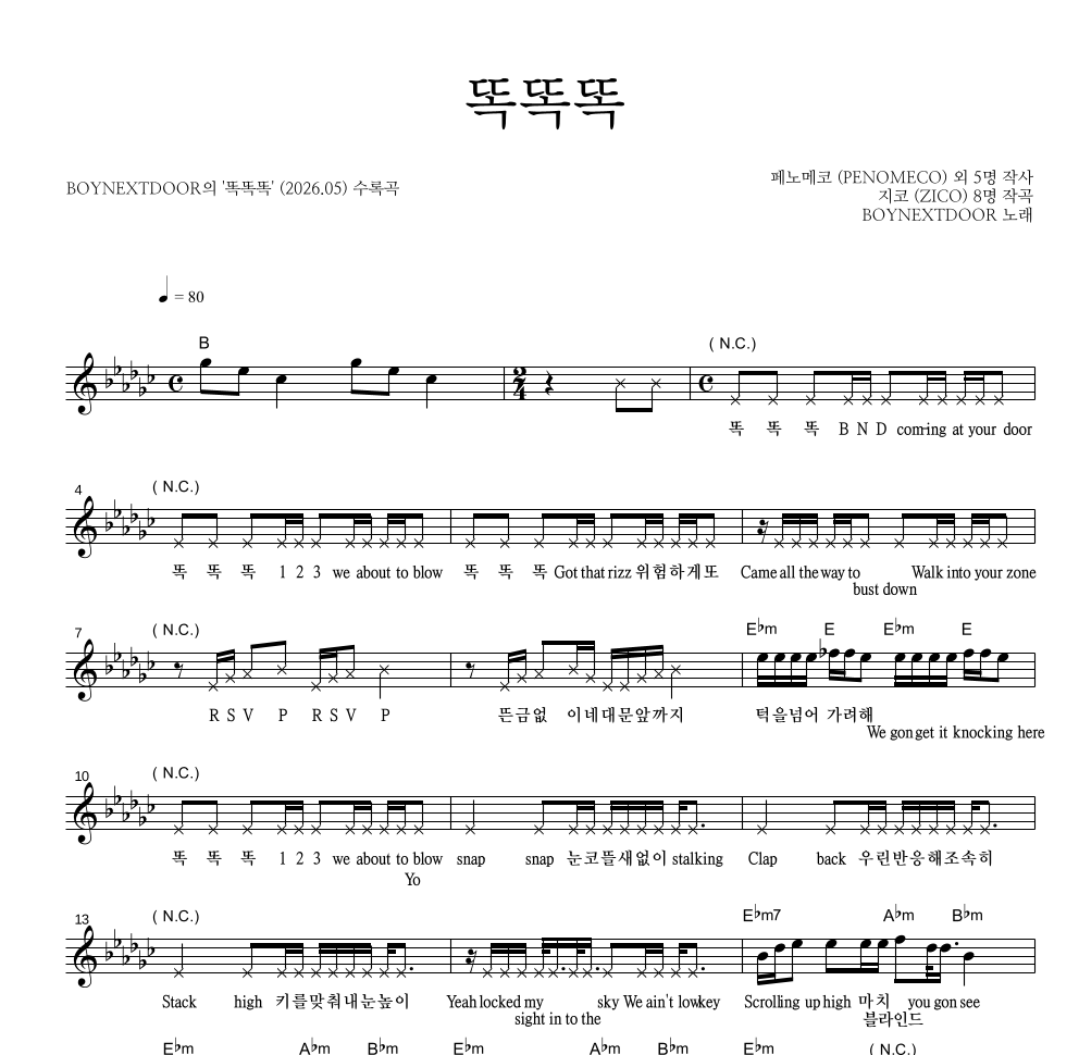 BOYNEXTDOOR - 똑똑똑 멜로디 악보 