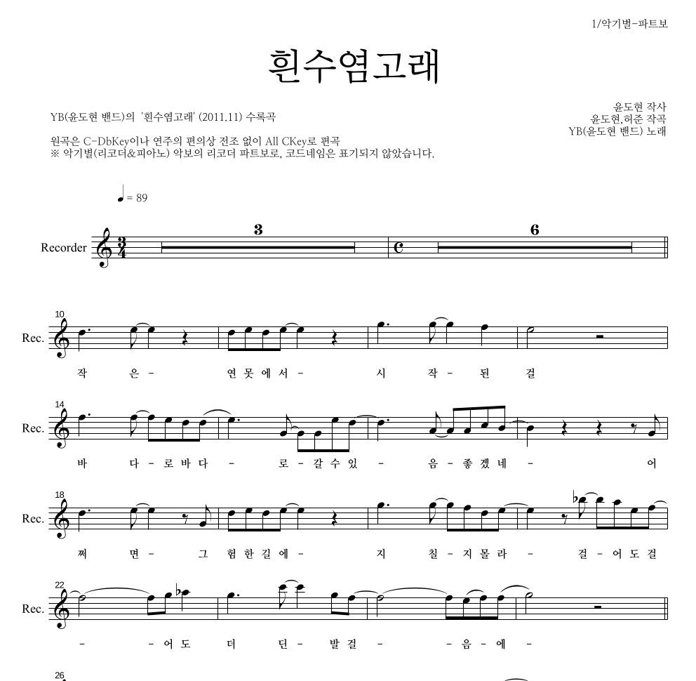 YB(윤도현 밴드) - 흰수염고래 리코더 파트보 악보 