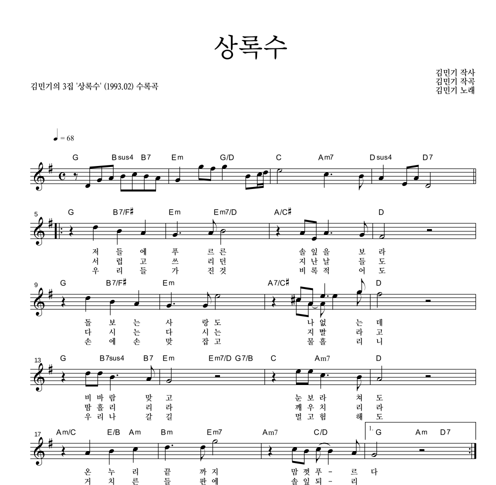 김민기 - 상록수 멜로디 악보 