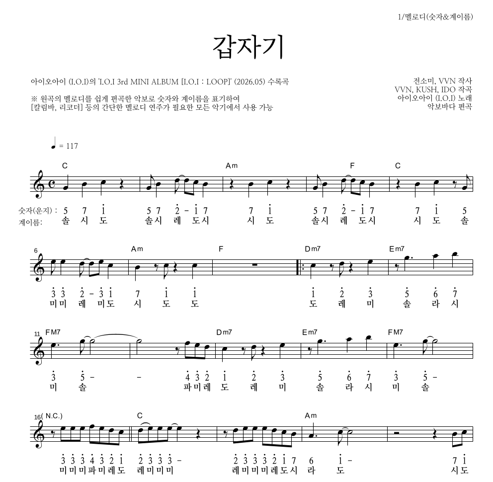 아이오아이 - 갑자기 멜로디-숫자&계이름 악보 