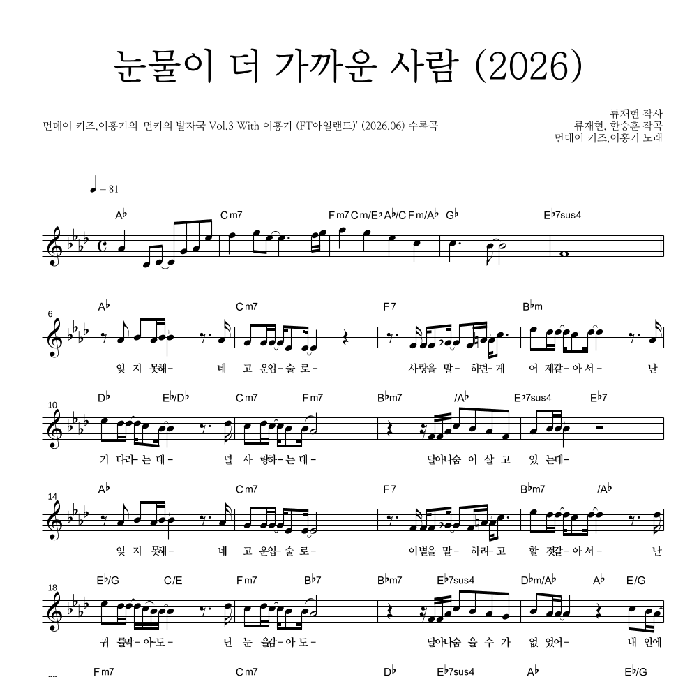 먼데이 키즈,이홍기 - 눈물이 더 가까운 사람 (2026) 멜로디 악보 