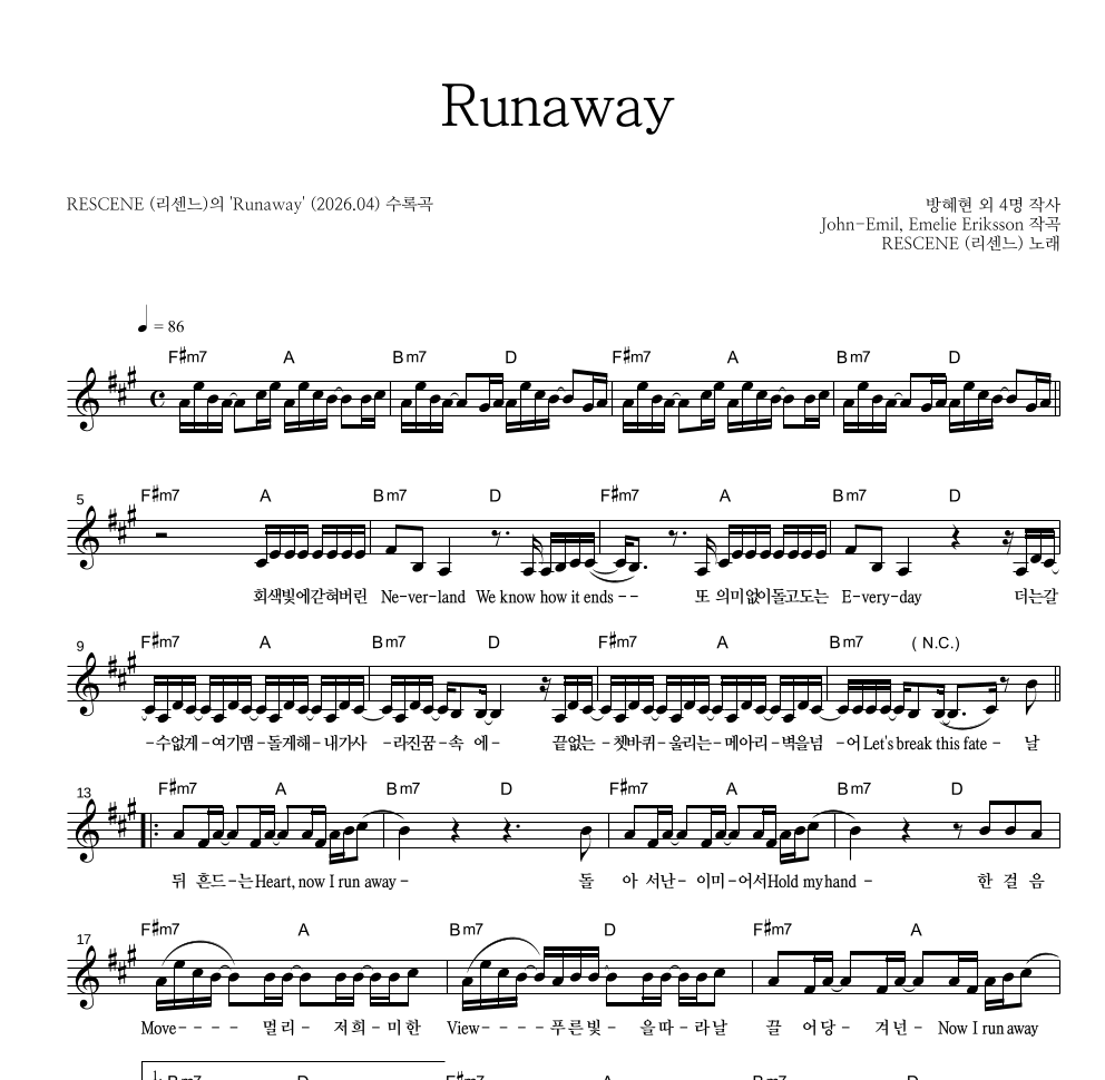 리센느 - Runaway 멜로디 악보 