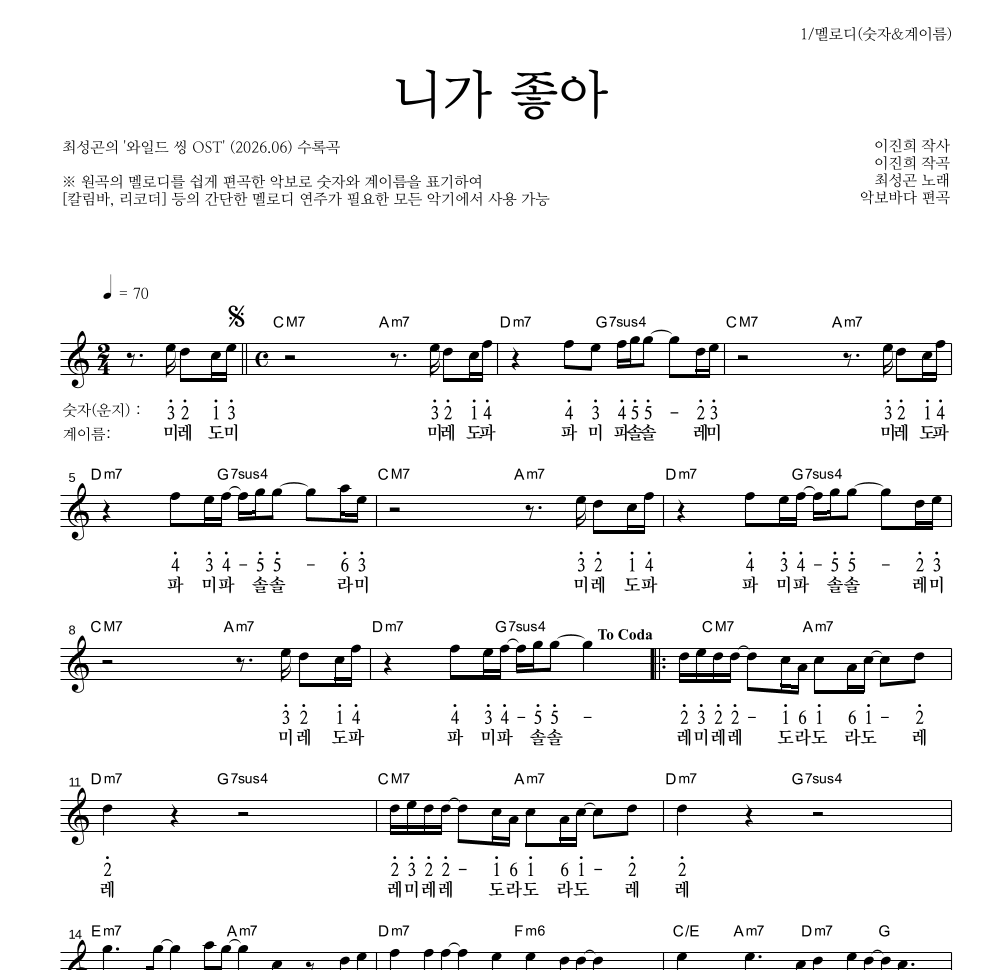 최성곤 - 니가 좋아 멜로디-숫자&계이름 악보 