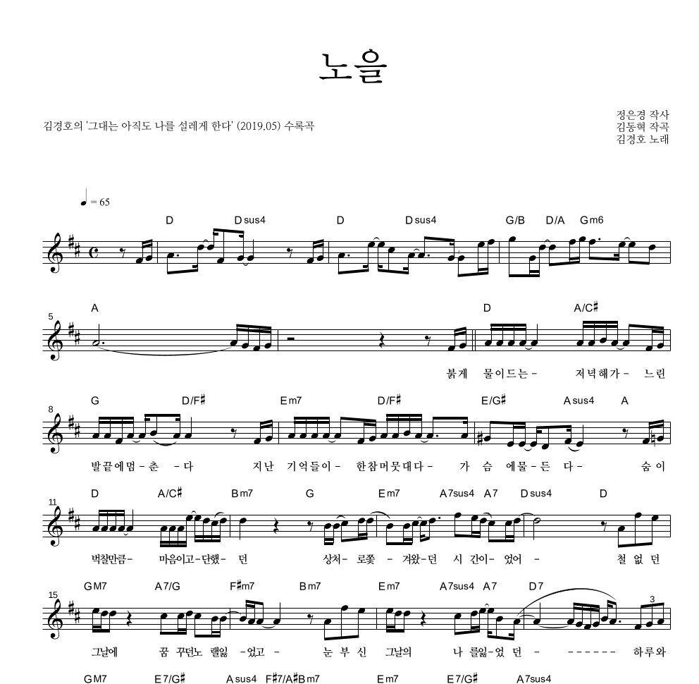 김경호 - 노을 멜로디 악보 