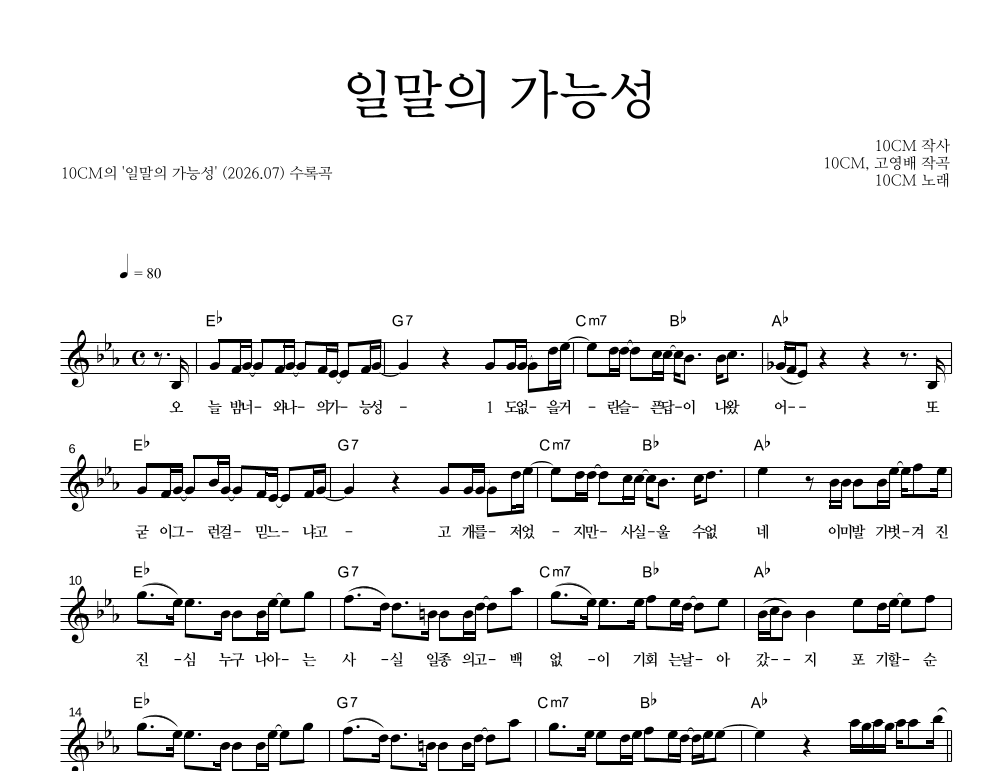 10CM - 일말의 가능성 멜로디 악보 