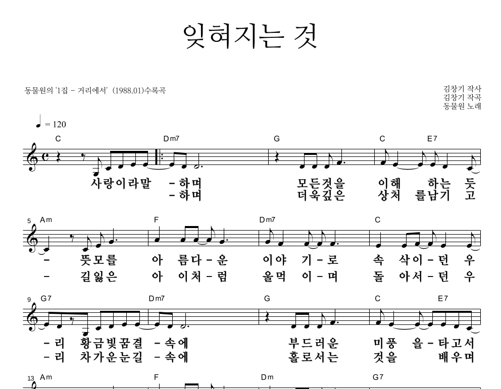 동물원 - 잊혀지는 것 멜로디 큰가사 악보 