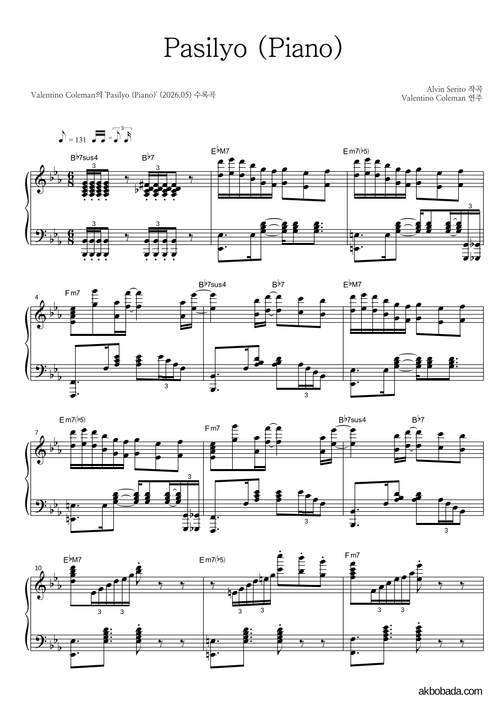 Valentino Coleman - Pasilyo (Piano) 피아노 2단 악보 