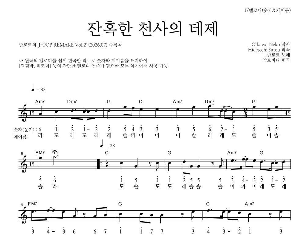 한로로 - 잔혹한 천사의 테제 멜로디-숫자&계이름 악보 