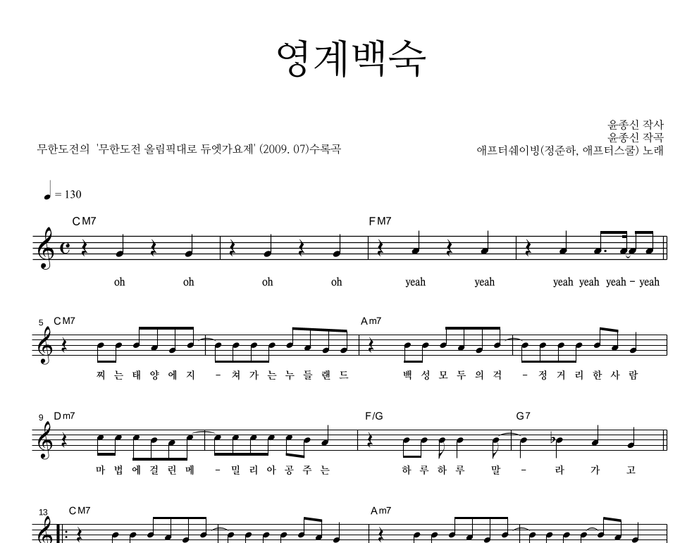 애프터쉐이빙(정준하,윤종신,애프터 스쿨) - 영계백숙 멜로디 악보 