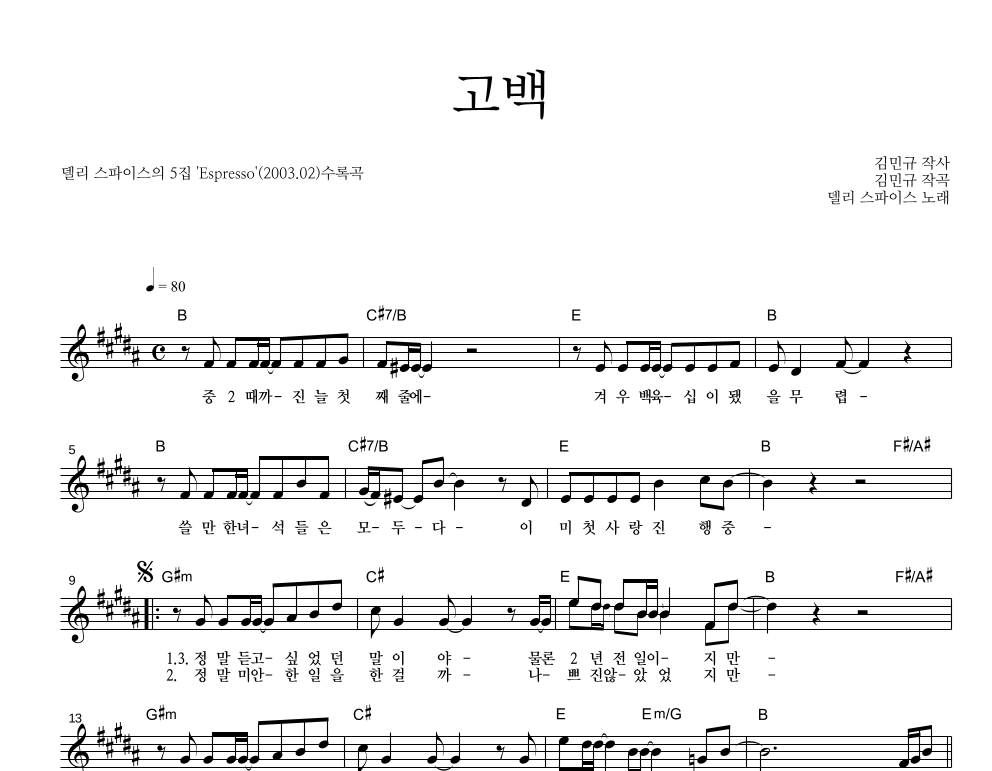델리스파이스 - 고백 멜로디 악보 