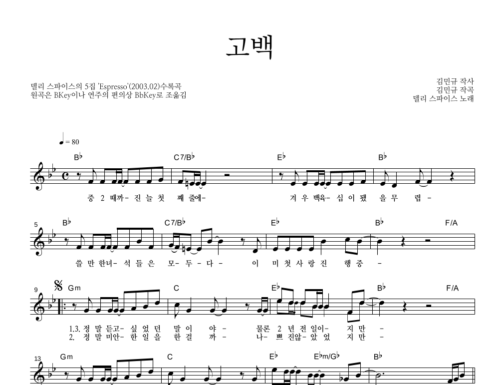 델리스파이스 - 고백 멜로디 악보 