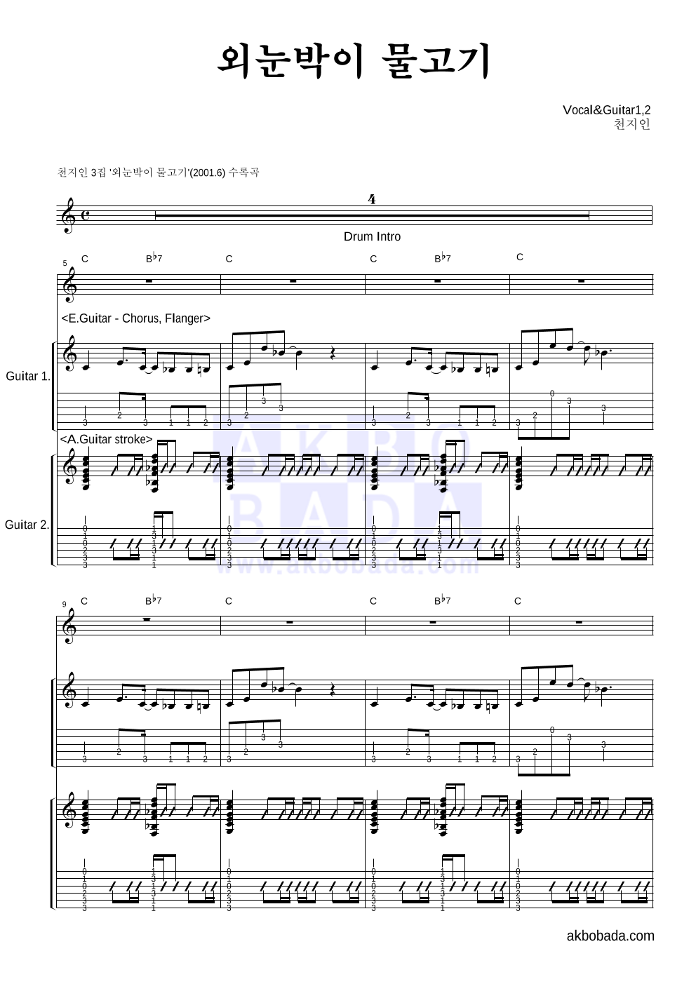 천지인 - 외눈박이 물고기 기타1,2 악보 
