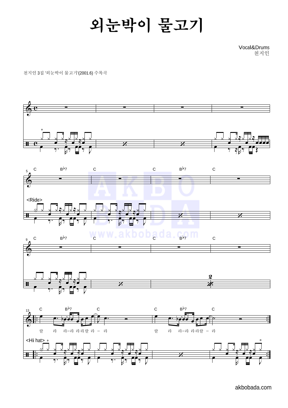 천지인 - 외눈박이 물고기 드럼 악보 