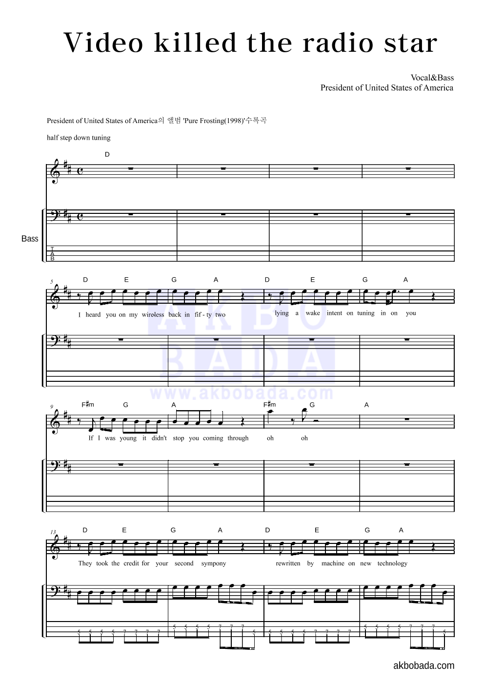President Of U.S.A - Video Killed The Radio Star 베이스 악보 