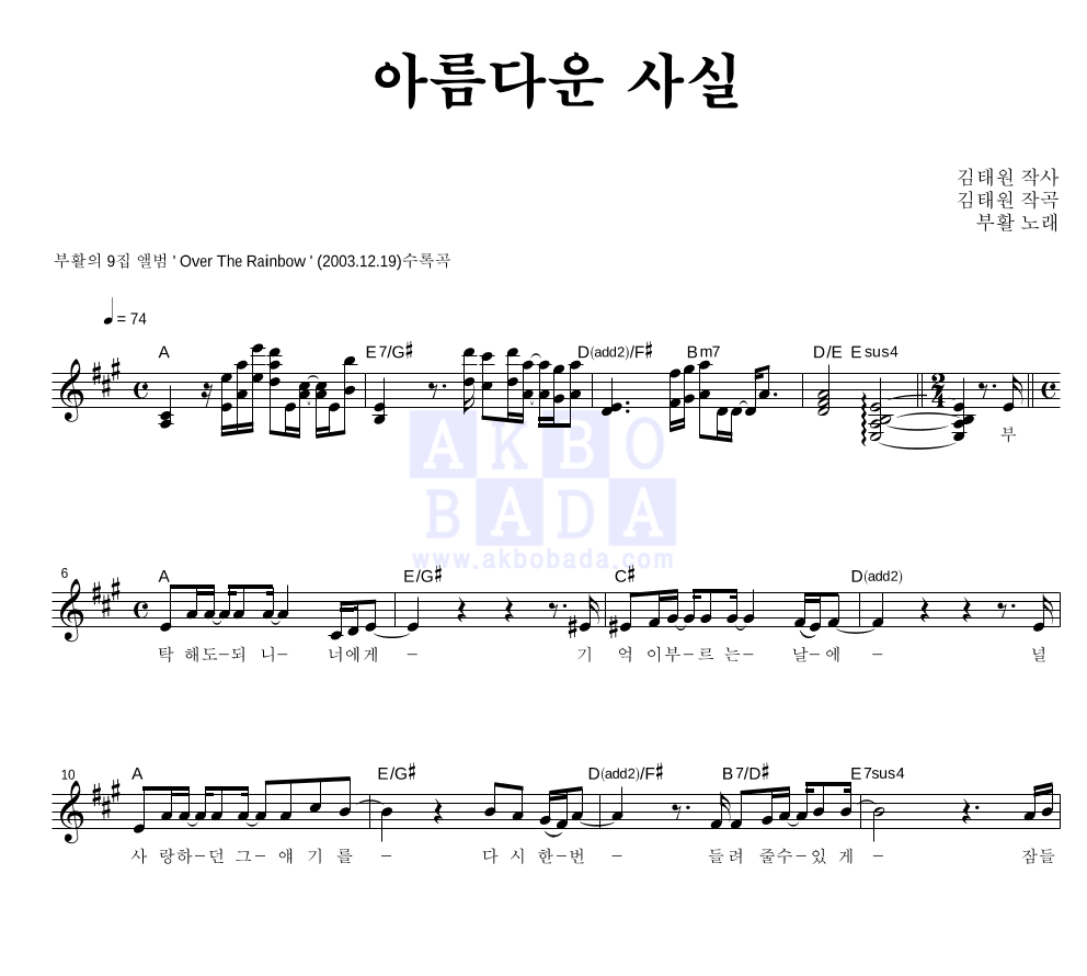 부활 - 아름다운 사실 멜로디 악보 