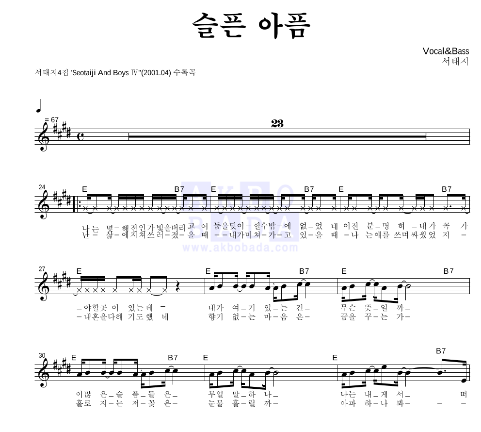 서태지 - 슬픈 아픔 멜로디 악보 