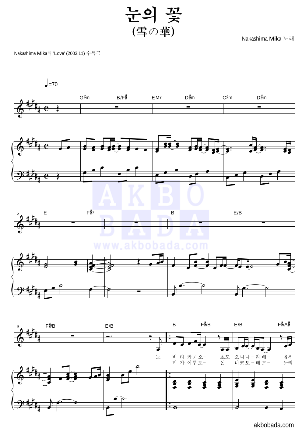 Nakashima Mika - 눈의 꽃 (雪の華) 피아노 3단 악보 