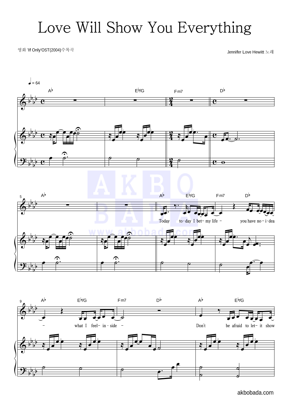 Jennifer Love Hewitt - Love Will Show You Everything 피아노 3단 악보 