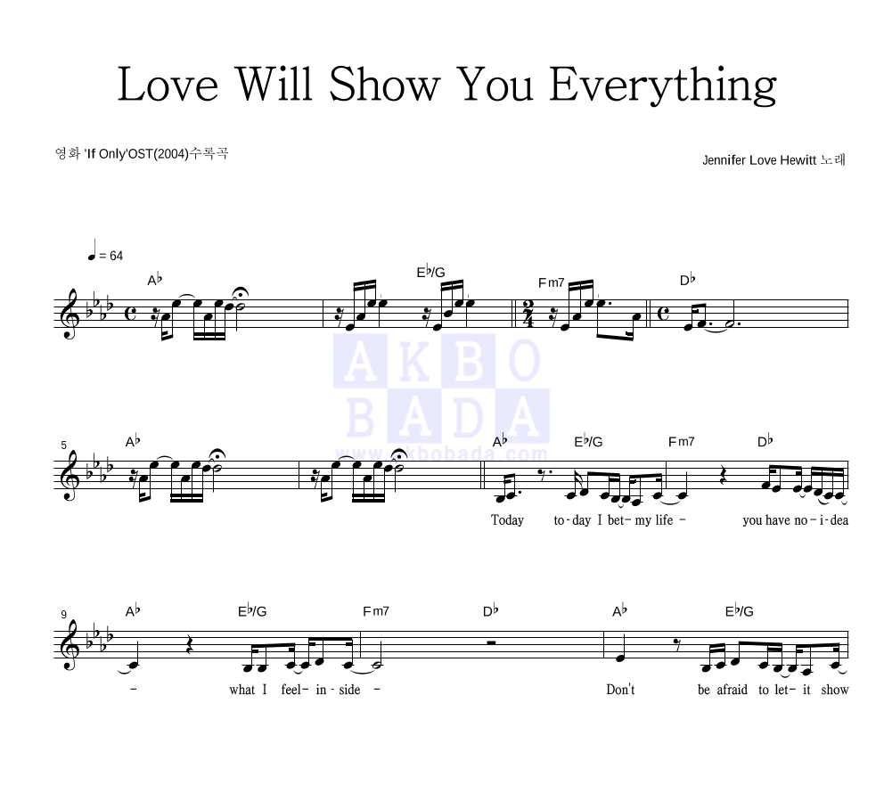 Jennifer Love Hewitt - Love Will Show You Everything 멜로디 악보 