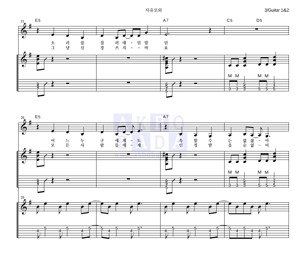 지니(Jiny) - 자유로와 기타1,2 악보 