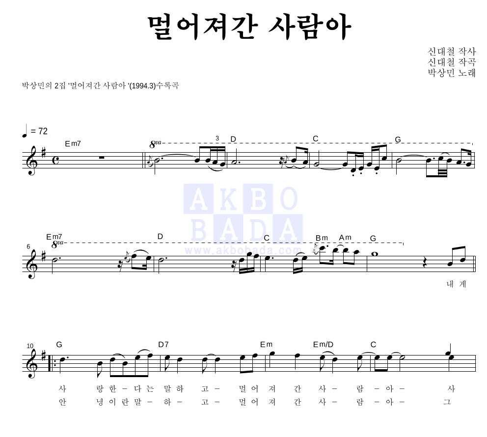 박상민 - 멀어져간 사람아 멜로디 악보 