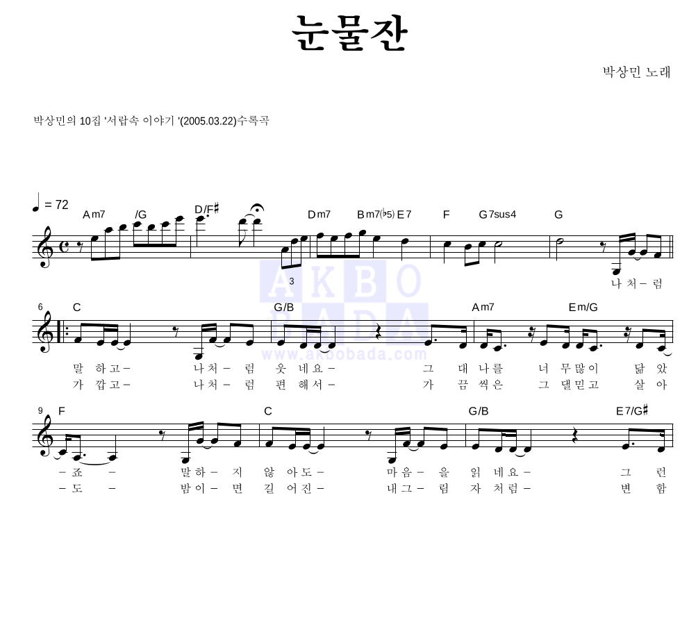 박상민 - 눈물잔 멜로디 악보 