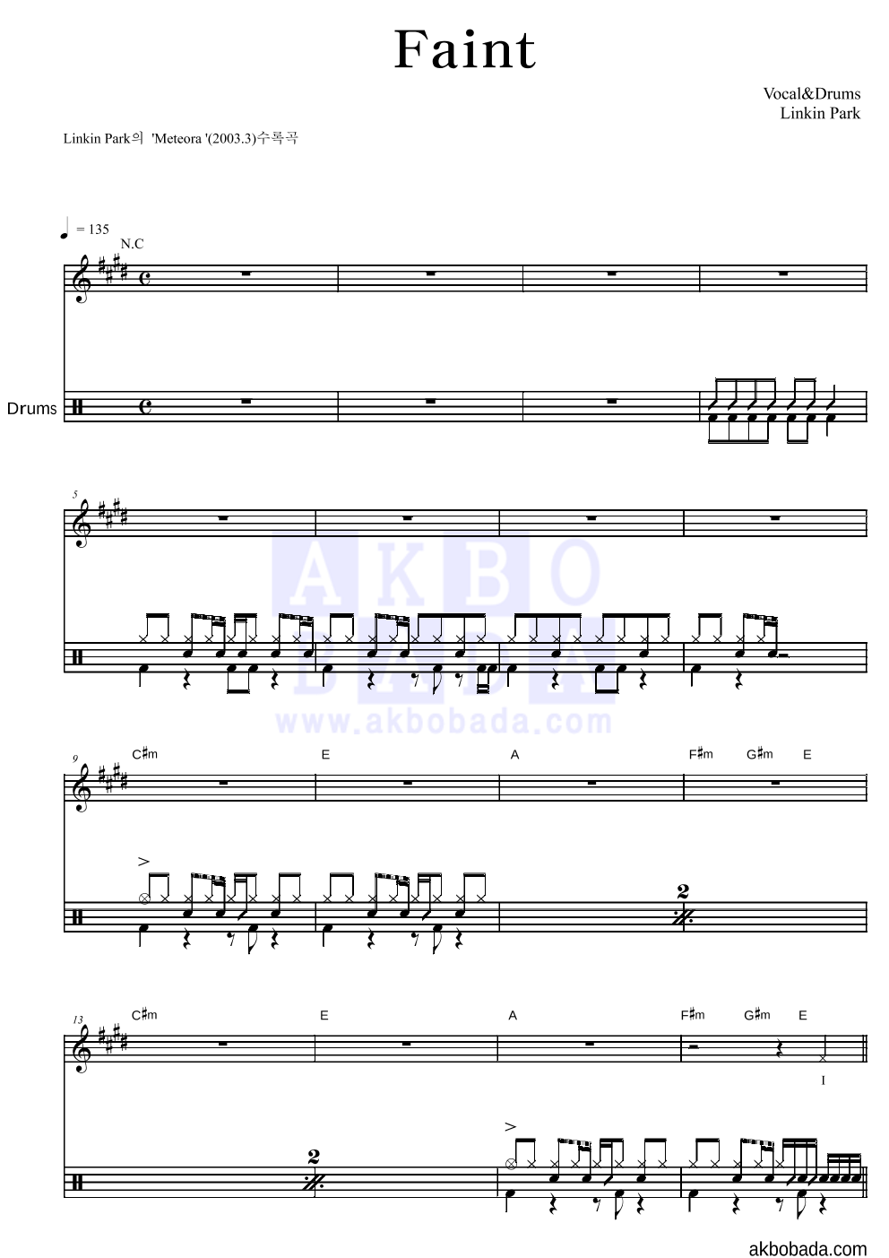 LINKIN PARK - Faint 드럼 악보 