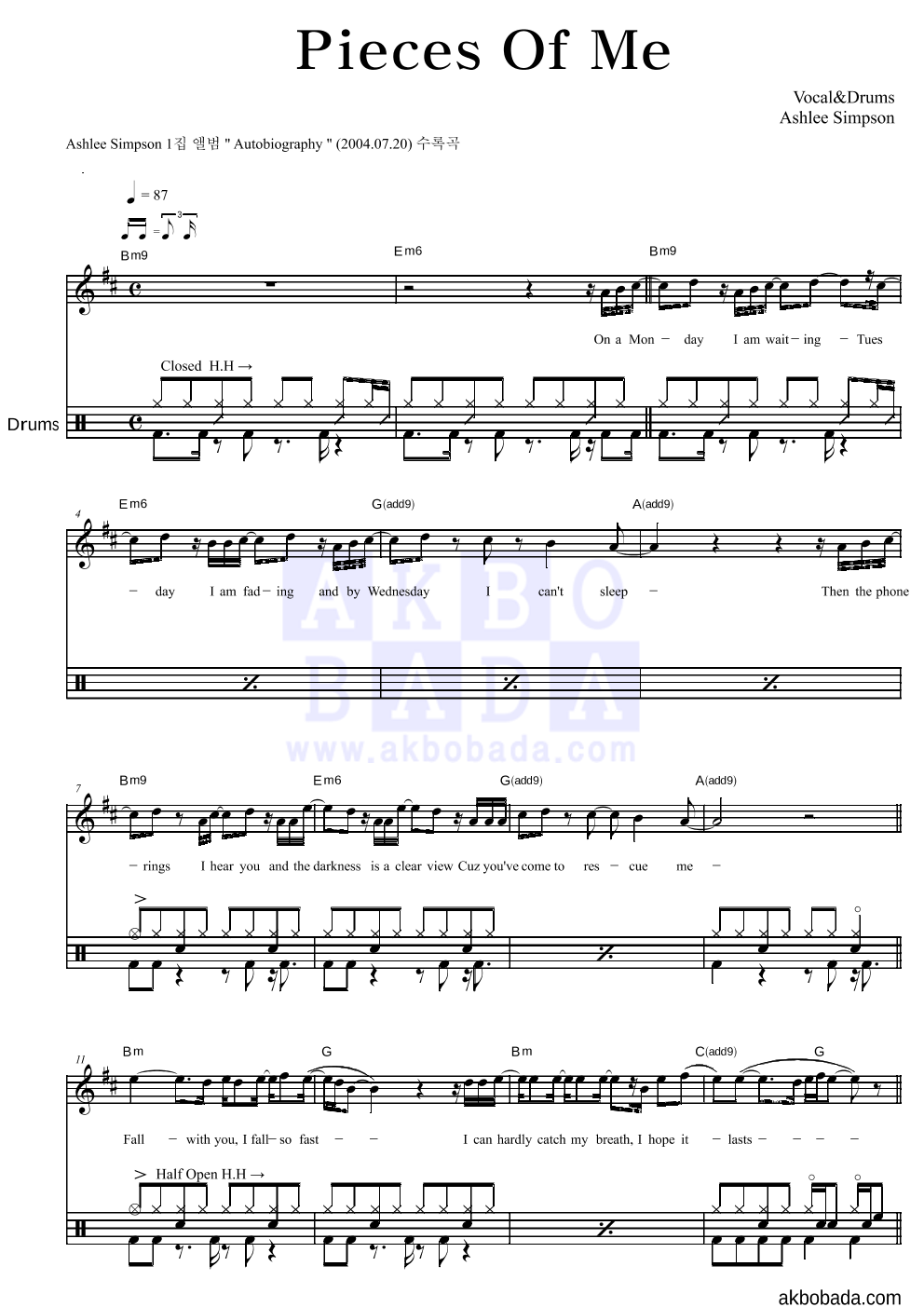 Ashlee Simpson - Pieces Of Me 드럼 악보 