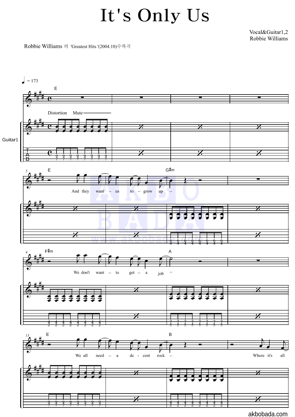 Robbie Williams - It's Only Us 기타1,2 악보 
