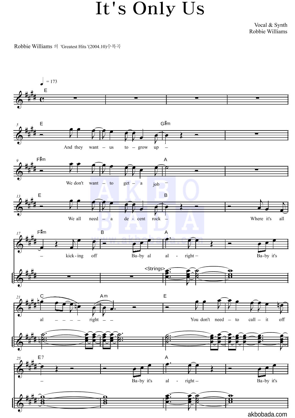 Robbie Williams - It's Only Us 건반 악보 