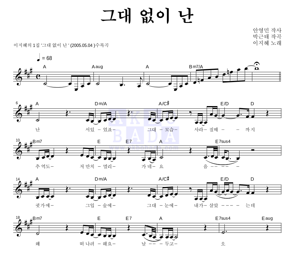 이지혜(샵) - 그대 없이 난 멜로디 악보 