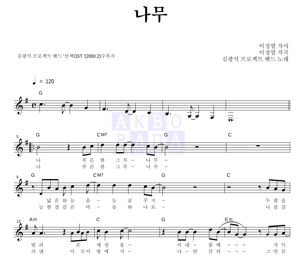 김광석 프로젝트 밴드 - 나무 멜로디 악보 