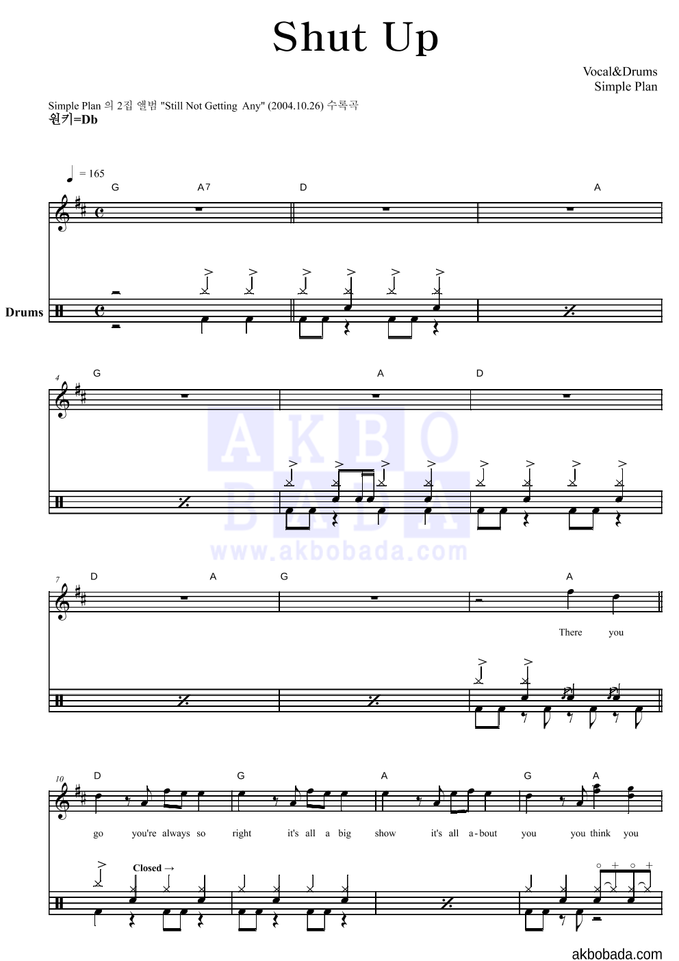 Simple Plan - Shut Up 드럼 악보 