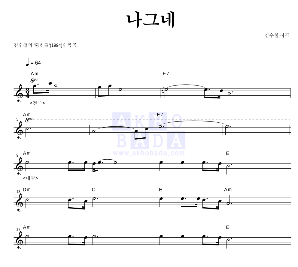 김수철 - 나그네 멜로디 악보 