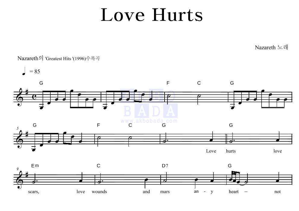 Nazareth - Love Hurts 멜로디 악보 