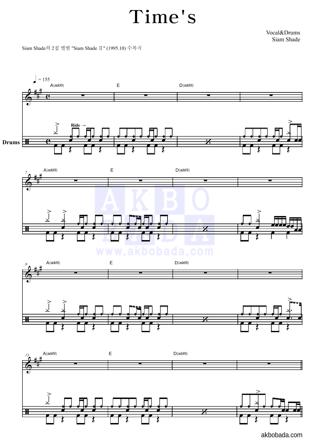 Siam Shade - Time's 드럼 악보 
