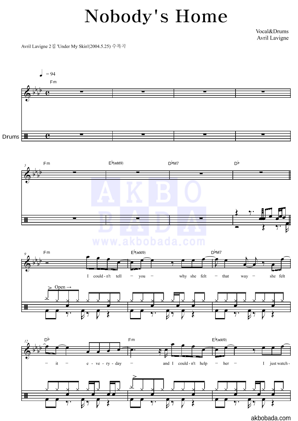 Avril Lavigne - Nobody's Home 드럼 악보 