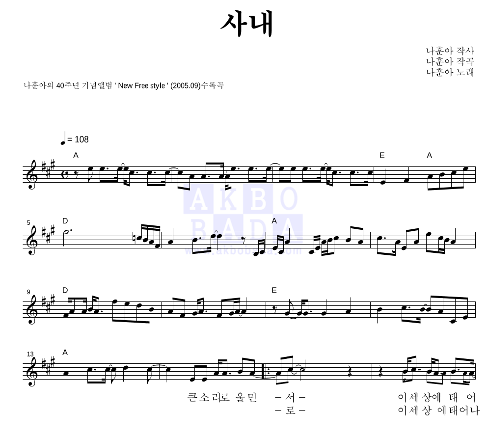 나훈아 - 사내 멜로디 악보 