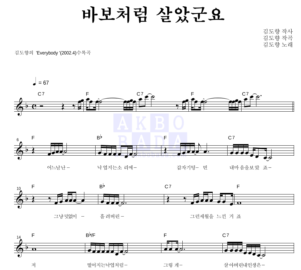 김도향 - 바보처럼 살았군요 멜로디 악보 