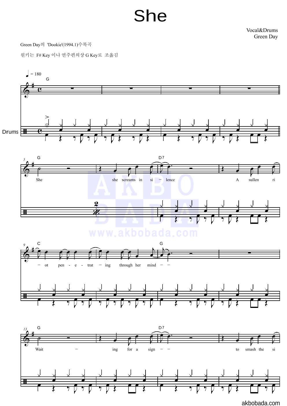 Green Day - She 드럼 악보 