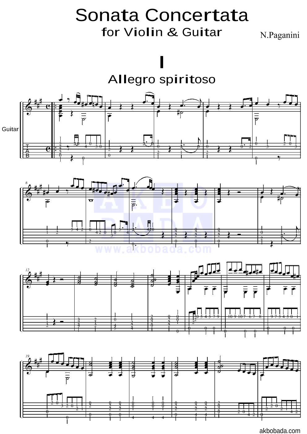 파가니니 - Sonata Concertata 1악장 기타 악보 