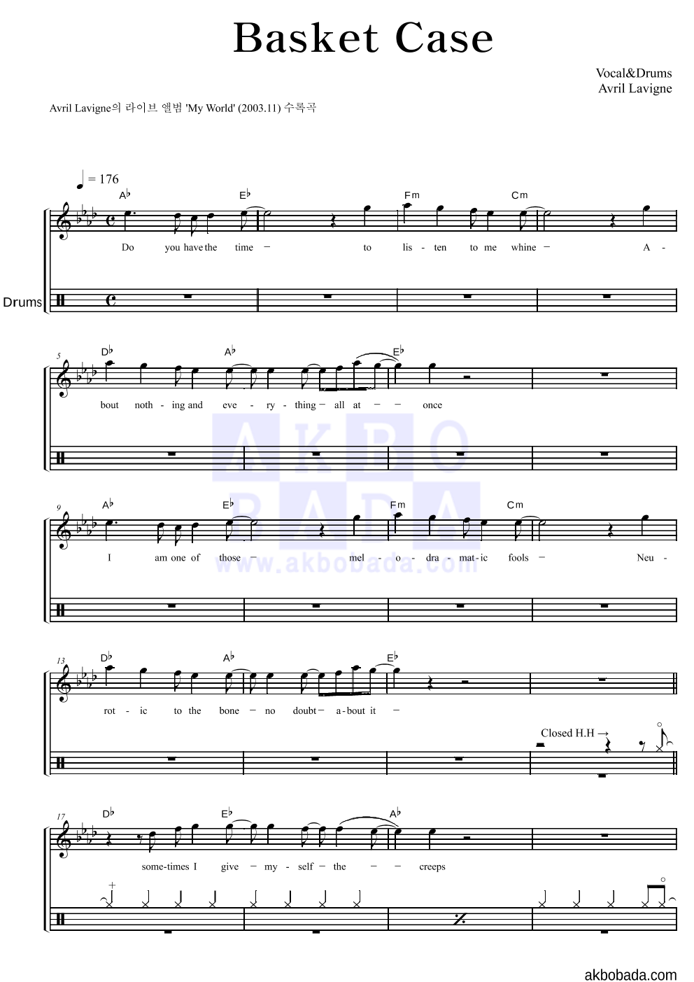 Avril Lavigne - Basket Case 드럼 악보 