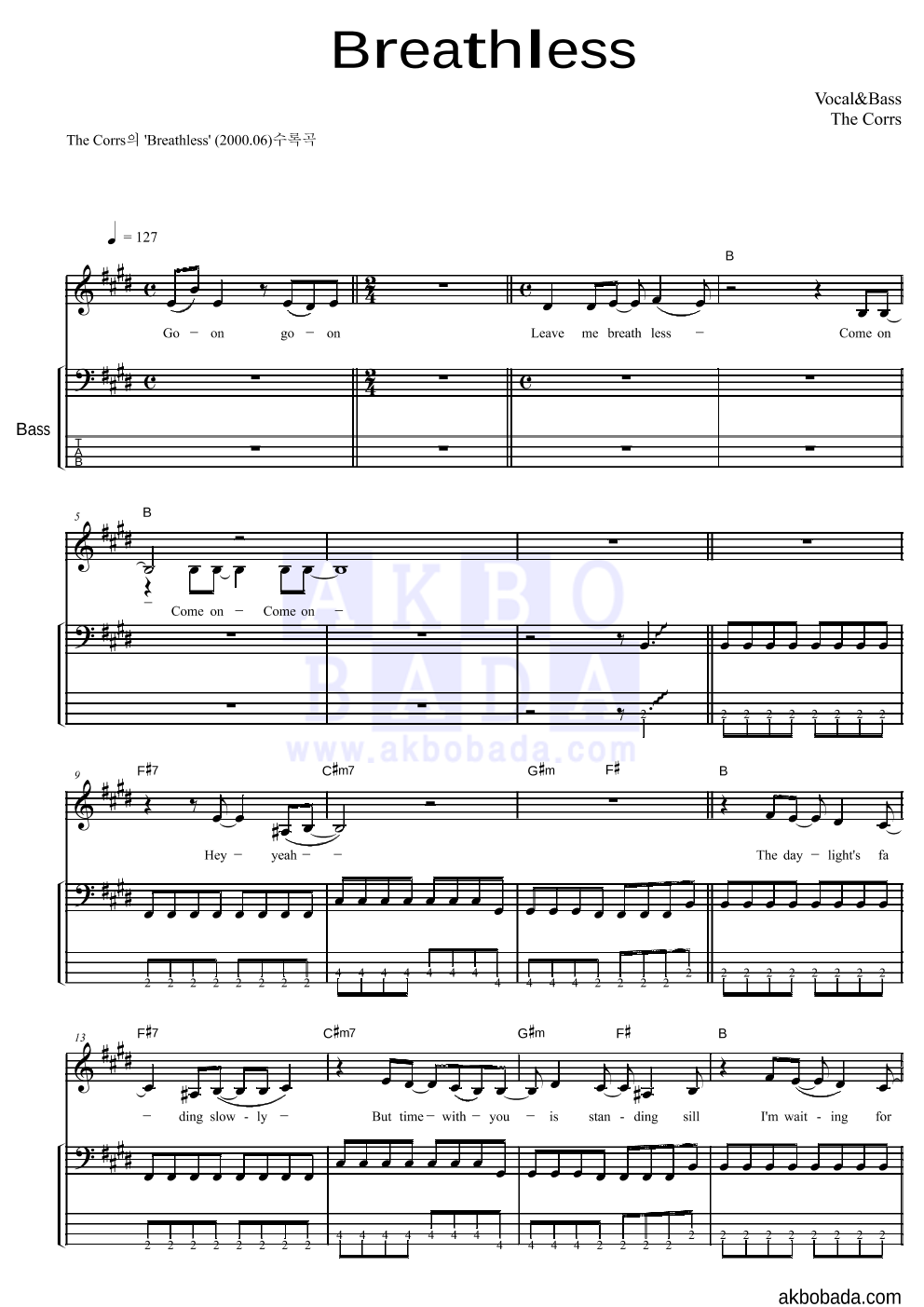 The Corrs - Breathless 베이스 악보 