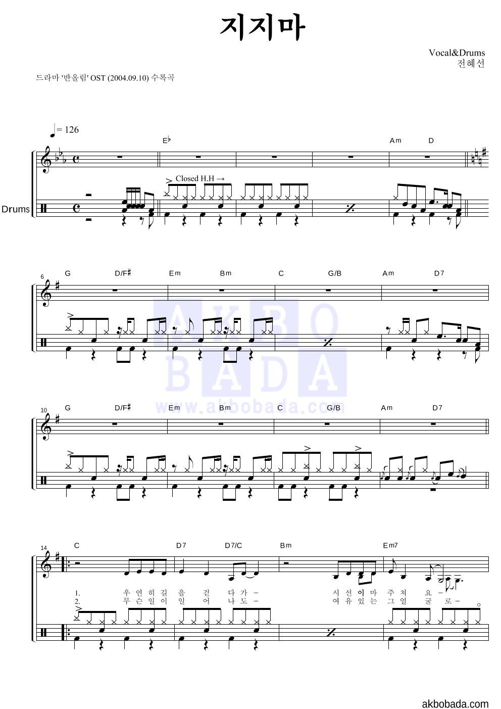 전혜선 - 지지마 드럼 악보 