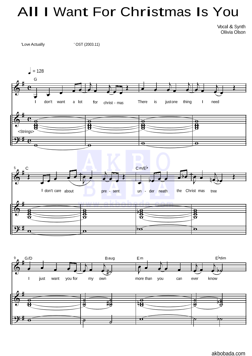 Olivia Olson All I Want For Christmas Is You MR 악보바다 Olivia Olson All I Want For Christmas Is You MR 악보바다