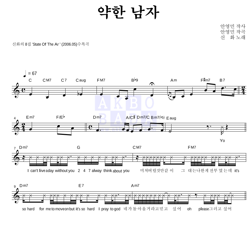 신화 - 약한 남자 멜로디 악보 