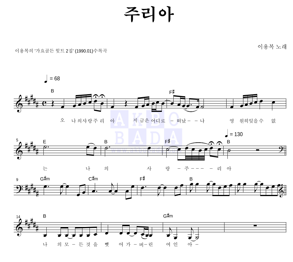 이용복 - 주리아 멜로디 악보 
