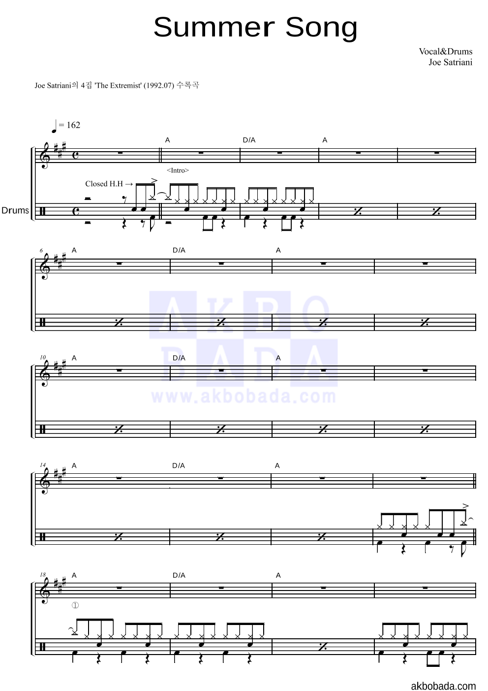 Joe Satriani - Summer Song 드럼 악보 